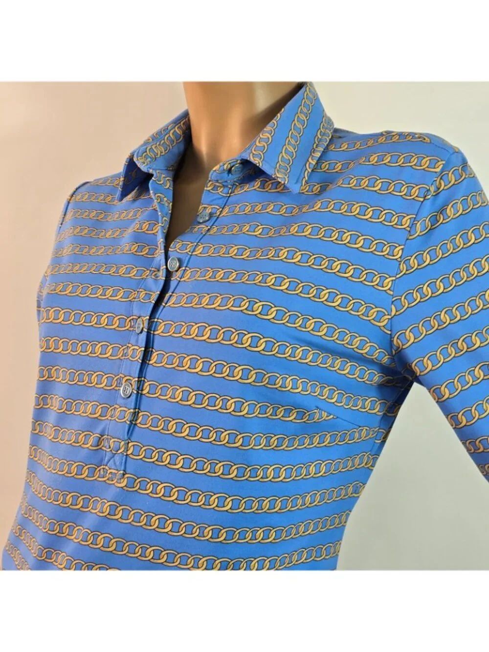 J McLaughlin Sportswear Blue Top Gold Interlocking Chains Size M Catalina Cloth - Picture 4 of 11